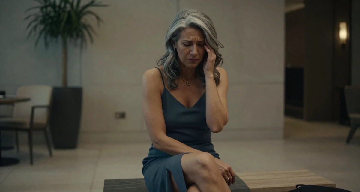 A troubled Female From Finland, based in Espoo, graduated from a design institute majoring in atmospheric lighting arts in their 48, embracing grey hair with style and grace, wearing a short slip dress with a thigh-high slit, shivering slightly in a luxury hotel lobby.