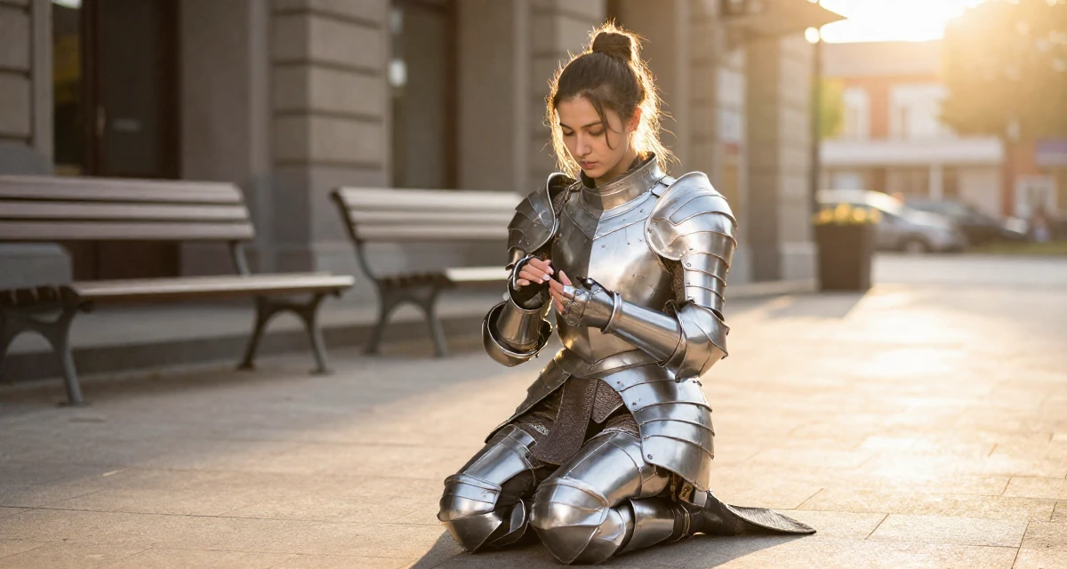 A determined Female From Denmark, majored in data analytics in their 26, seeking deeper meaning in daily work, wearing a fantasy warrior princess armor made of silver metal, inspecting fingernails in a cinema entrance.