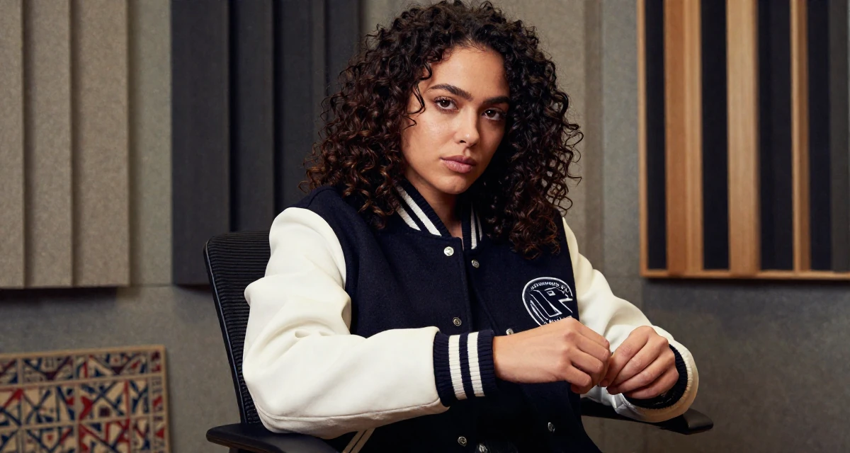 A introspective Female From Vancouver Canada, trained in natural light portraiture in their 26, seeking deeper meaning in daily work, wearing a casual varsity jacket look, fixing a cufflink in a recording booth.