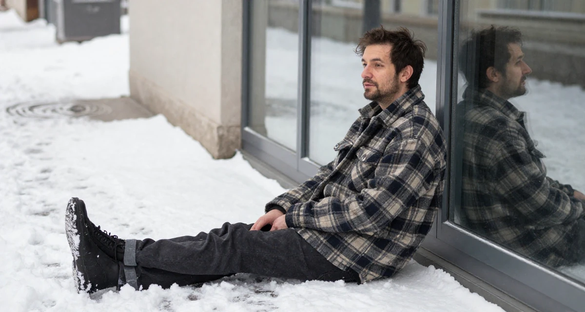 A unbothered male From Lyon France, learned couture aesthetics and editorial styling in their 46, transitioning from employee to founder, wearing a cozy oversized flannel, checking a reflection in a window in a snowy sidewalk.