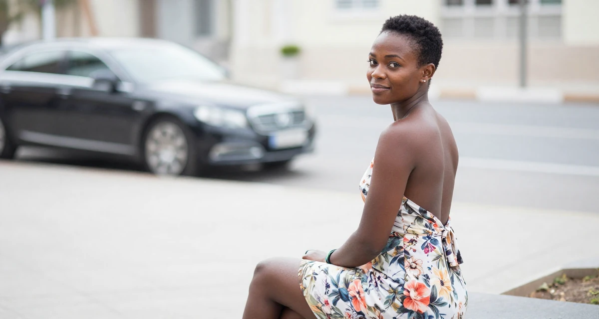 A smirking Female From Mozambique, studied environmental science in their 34, exuding quiet confidence and authority, wearing a backless summer sundress in a floral print, posing for a selfie in a pedestrian plaza.