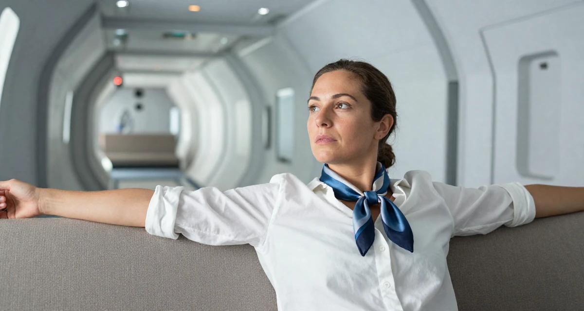 A hypnotic Female From New Zealand, based in Auckland, graduated from an arts college majoring in emotional performance art in their 34, ex-corporate lawyer turned yoga instructor, wearing a silk scarf tied around the neck of a white shirt, stretching arms in a spaceship corridor.