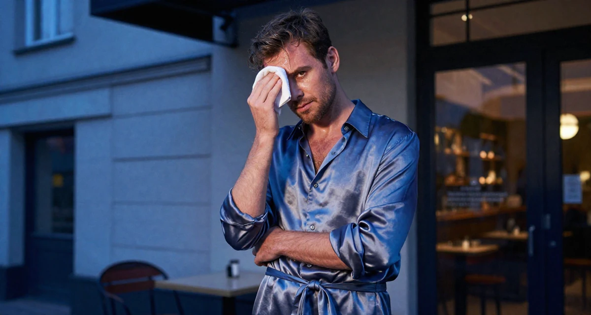 A aloof male From Aarhus Denmark, studied digital concept development in their 38, rediscovering old hobbies like painting, wearing a silk shirt dress with a tie waist, wiping sweat from the brow in a cinema entrance.