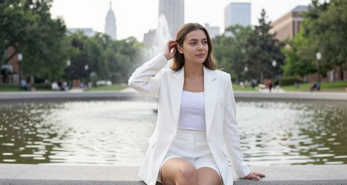 A quietly confident Female From Ukraine, studied software engineering in their 25, managing inconsistent confidence when creating content, wearing a white blazer and matching white shorts, tucking hair behind an ear in a university campus.