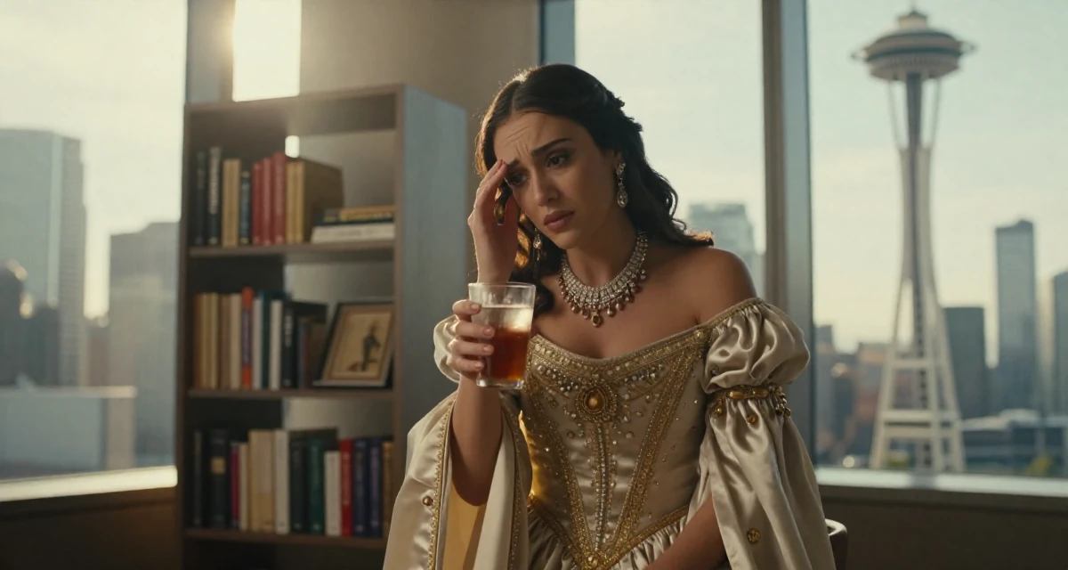 A troubled Female Grew up in Argentina, majored in audiovisual production in their 25, still unsure how to price beginner subscriptions, wearing a regal empress gown with heavy silk and jewelry, holding a cold drink in a modern skyscraper lobby.