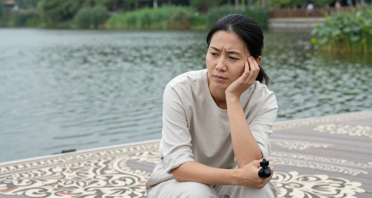 A zen-like Female Former geography club member, now producing exploration-themed content in their 27, dealing with pressure to constantly upgrade quality, wearing a clean, neutral-toned casual outfit, gripping a lapel in a serene lakeside dock.