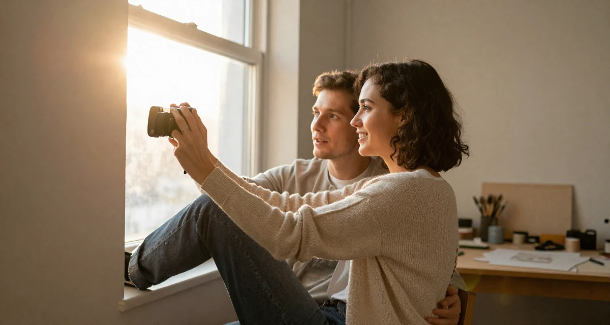 A open and honest Female Former small-town teacher, now exploring expressive photography in their 38, single dad sharing parenting hacks, wearing a open-back sweater showing the spine, snapping a photo with a phone in a artist workshop.
