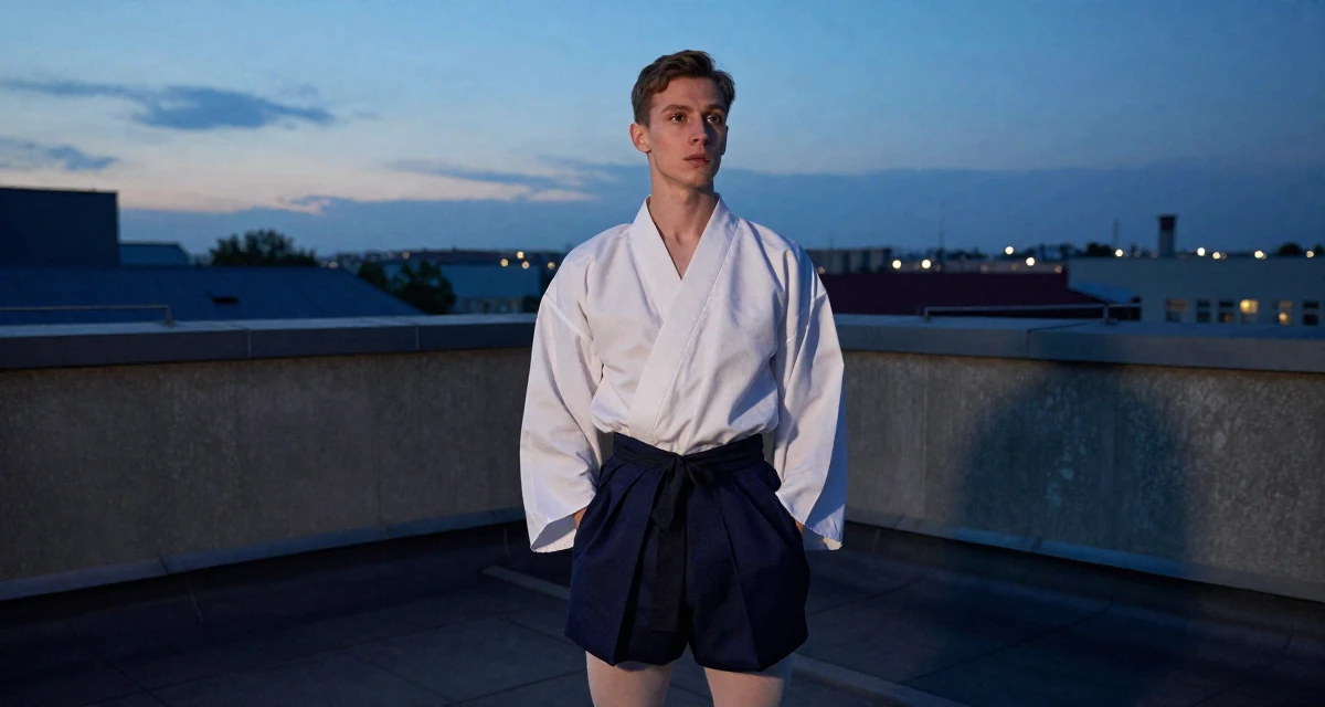A subtly surprised male From Russia, trained as a classical ballerina in their 22, navigating competitive academic environments, wearing a shrine maiden outfit with a short hakama skirt, looking through a bag in a rooftop terrace at sunset.