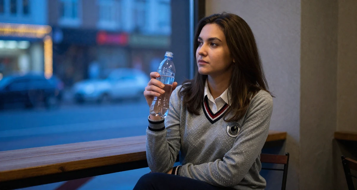 A reflective Female From Kazakhstan, studied financial mathematics in their 23, balancing risk-taking with stability needs, wearing a classic collegiate style, holding a water bottle in a coffee shop corner.