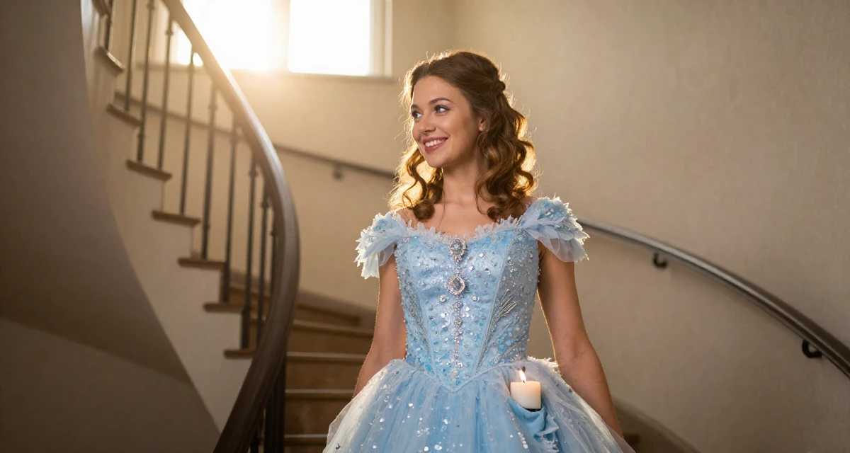 A radiant Female From Estonia, based in Tartu, graduated from a state university majoring in digital culture in their 36, rebuilding after a breakup, wearing a snow queen gown with ice crystal details, looking for something in a pocket in a winding staircase.