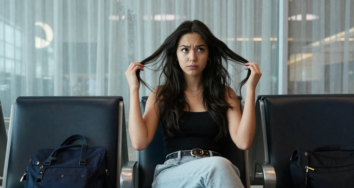 A thoughtful Female Grew up in Australia, majored in digital communication in their 22, comparing growth with other creators and feeling pressure, wearing a comfortable travel outfit, twirling a lock of hair in a airport departure lounge.