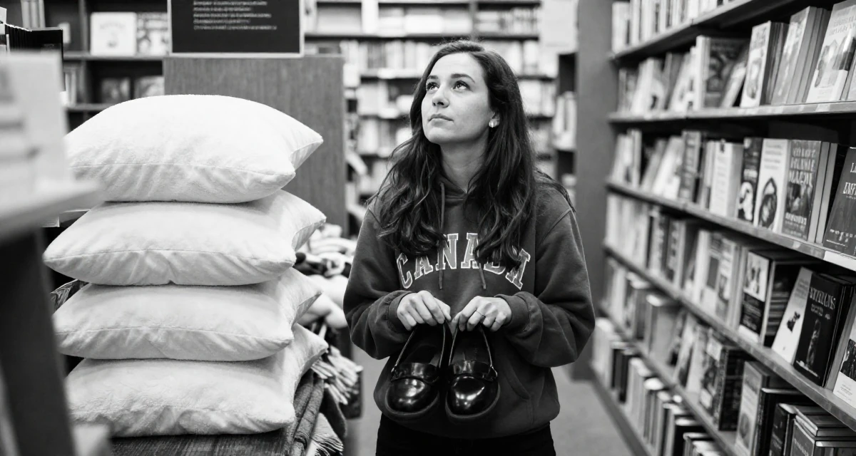 A mellow Female From Canada, majored in english and creative writing in their 25, balancing social life with evolving ambitions, wearing a classic collegiate style, looking down at shoes in a bookstore aisle.