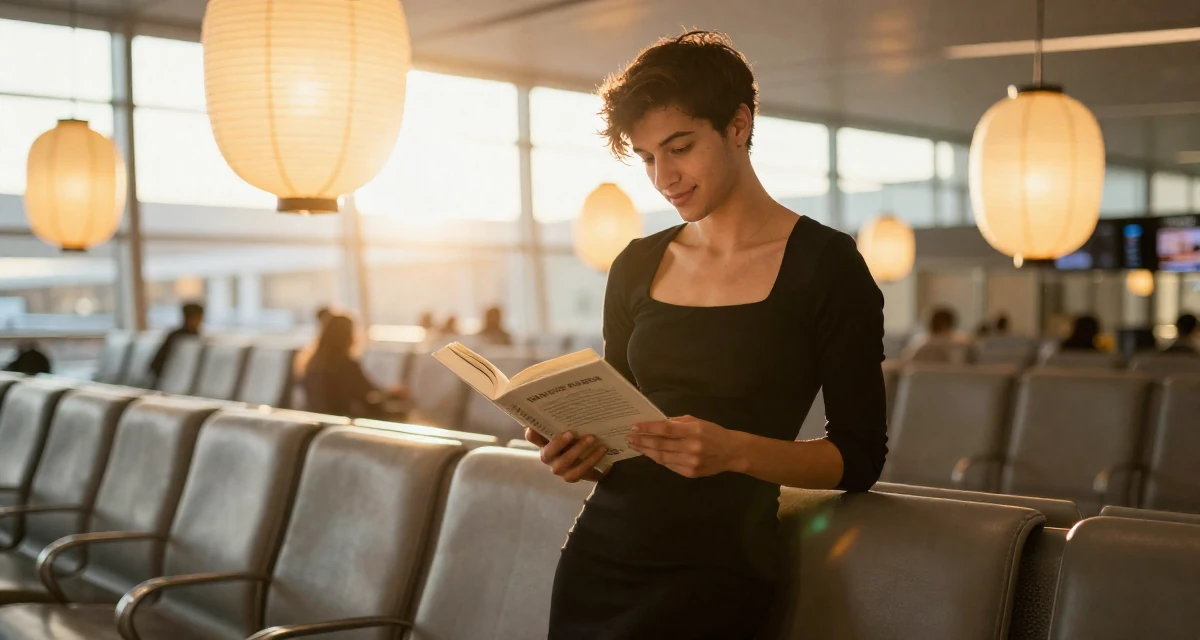 A flirty male From Canada, has a diploma in graphic design in their 22, entering the workforce with limited experience, wearing a fitted black dress with a square neckline, reading a book intently in a airport departure lounge.