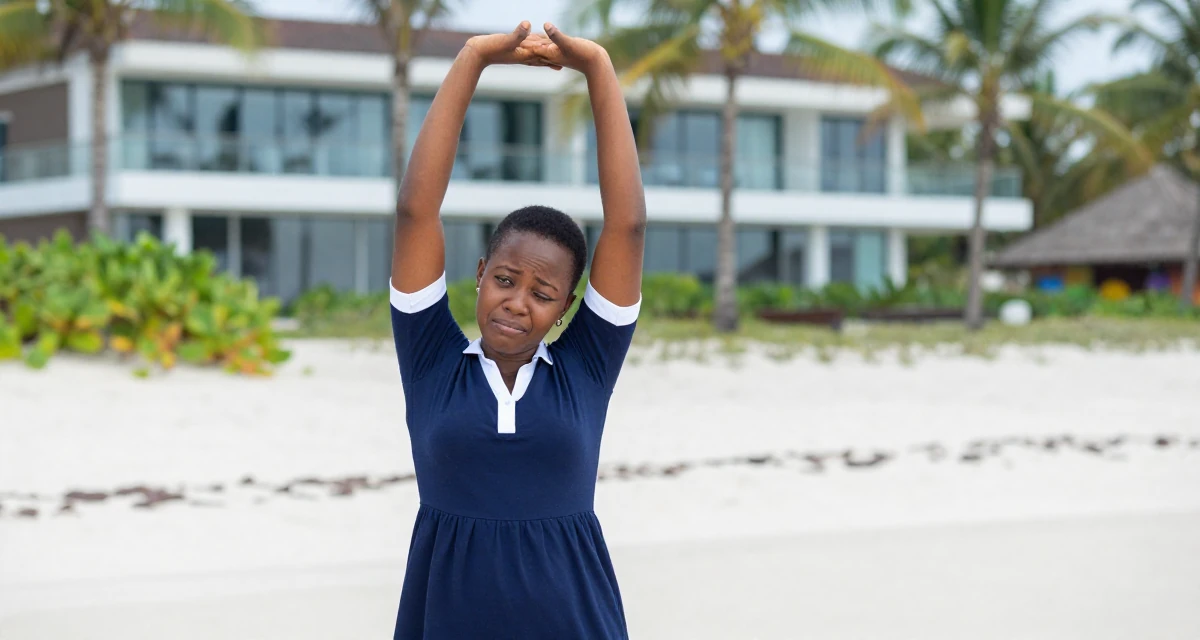 A sorrowful Female From Cameroon, majored in applied statistics in their 22, forming connections with potential collaborators, wearing a navy blue dress with white collar and cuffs, winking playfully in a tropical white sand beach.