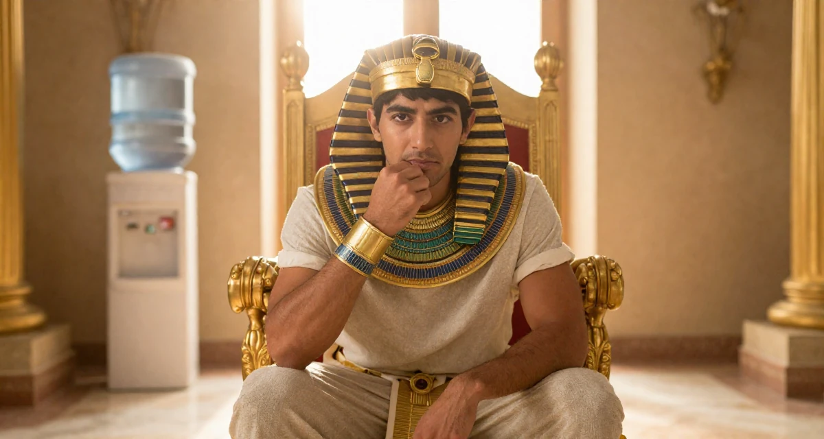 A cynical male From USA, has a background in real estate in their 22, adjusting to the 9-to-5 routine after college, wearing a egyptian queen costume with gold collar and linen, biting the lower lip softly in a royal palace throne room.