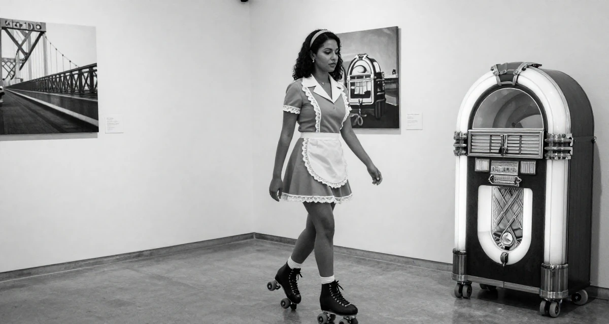 A sentimental Female From Abu Dhabi UAE, studied finance and banking in their 29, letting go of the need to please everyone, wearing a retro 50s diner waitress uniform with roller skates, holding hands with someone unseen in a art gallery.