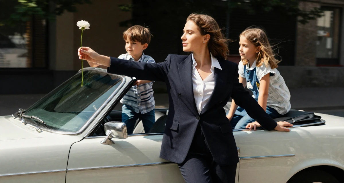 A tranquil Female From Ukraine, studied software engineering in their 33, balancing two kids and a growing business, wearing a sleek modern tailored look, holding a flower in a vintage convertible car.