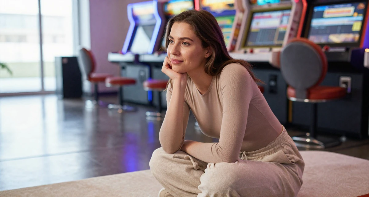 A bewitching Female From Norway, studied user experience design in their 25, adapting to early adult responsibilities, wearing a high-cut bodysuit paired with loose jogging bottoms, resting a chin on a hand in a arcade room with neon lights.