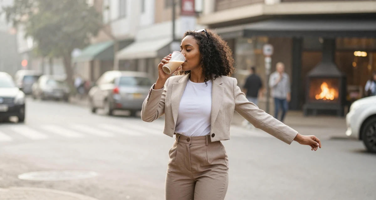 A gentle Female From Nairobi Kenya, holds a degree in communications in their 37, navigating the world of freelance consulting, wearing a cropped business jacket and high-waisted pants, sipping a warm drink in a busy intersection.
