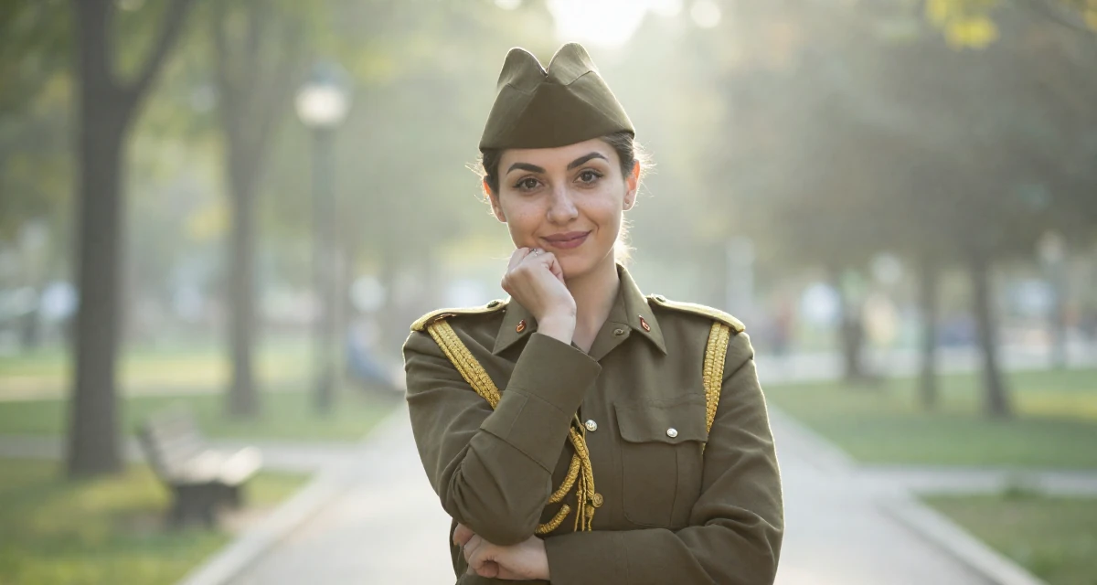 A friendly and approachable Female From Armenia, studied sociology in their 24, prioritizing mental health over the grind, wearing a military general uniform with gold braiding and a hat, resting a chin on a hand in a quiet park.