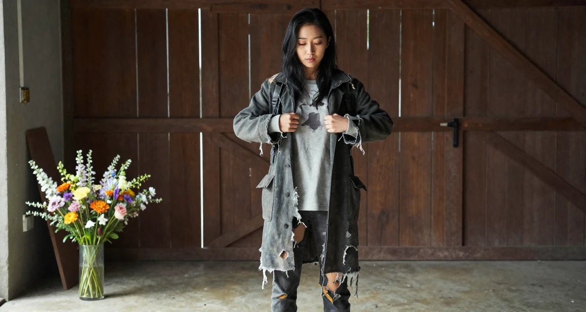 A serene Female From South Korea, based in Busan, graduated from a design institute majoring in visual communication in their 22, learning to advocate for personal boundaries, wearing a zombie apocalypse survivor gear with torn clothes, unbuttoning a coat in a barn interior.