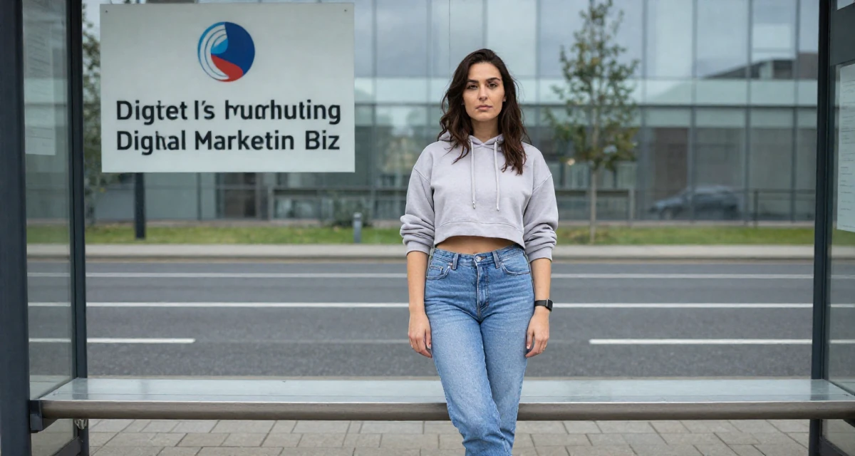 A enigmatic Female From Ireland, majored in creative media production in their 41, expert in digital marketing for small biz, wearing a cropped hoodie showing midriff and low-rise jeans, rolling up sleeves in a bus stop.