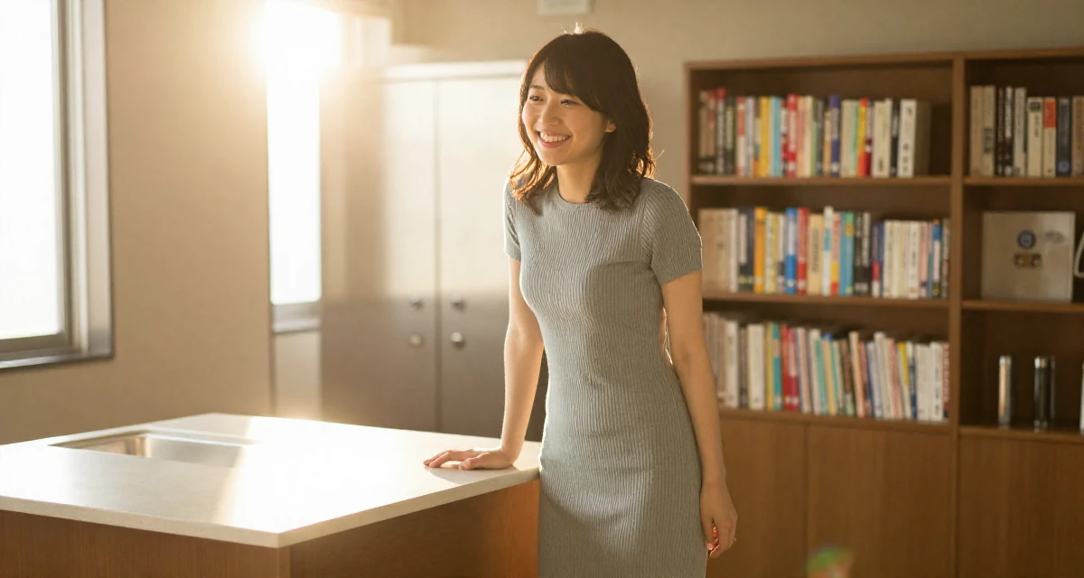 A spirited Female From Japan, majored in animation in their 22, adapting to the shift from school to full-time work, wearing a fitted ribbed dress, laughing softly in a sunlit kitchen island.