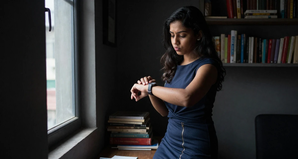 A pouting Female From Bangladesh, studied textile engineering in their 22, trying to look more professional than they feel, wearing a pencil skirt with a zipper detail, glancing at a wristwatch in a cozy reading nook by a window.
