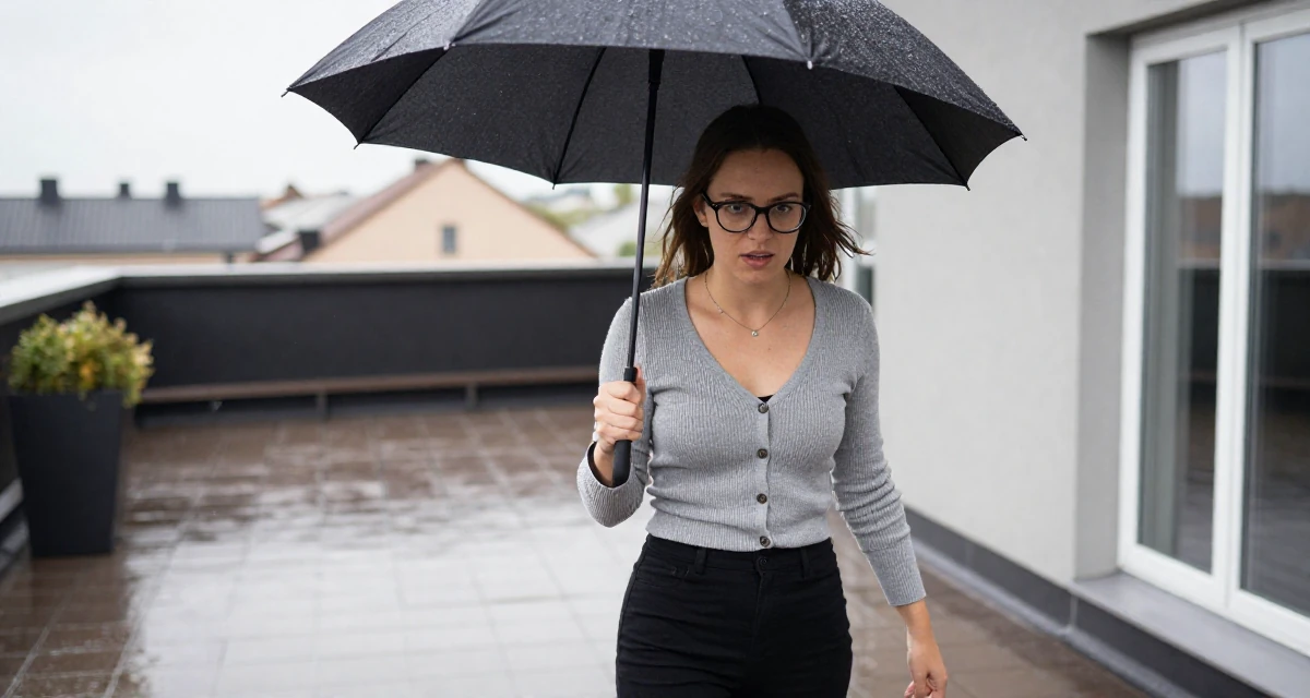 A curious and focused Female From Tampere Finland, learned intimate storytelling through slow-mode videography in their 25, learning resilience through financial instability, wearing a librarian outfit with glasses and a tight cardigan, shaking rain off an umbrella in a rooftop terrace.