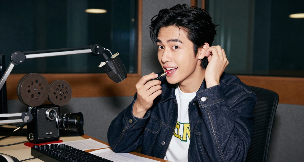 A vibrant and alive male Former spa receptionist, now blending beauty with calm-aesthetic content in their 22, crafting content at midnight after work shifts, wearing a structured jacket with casual tee, applying lipstick in a radio station.