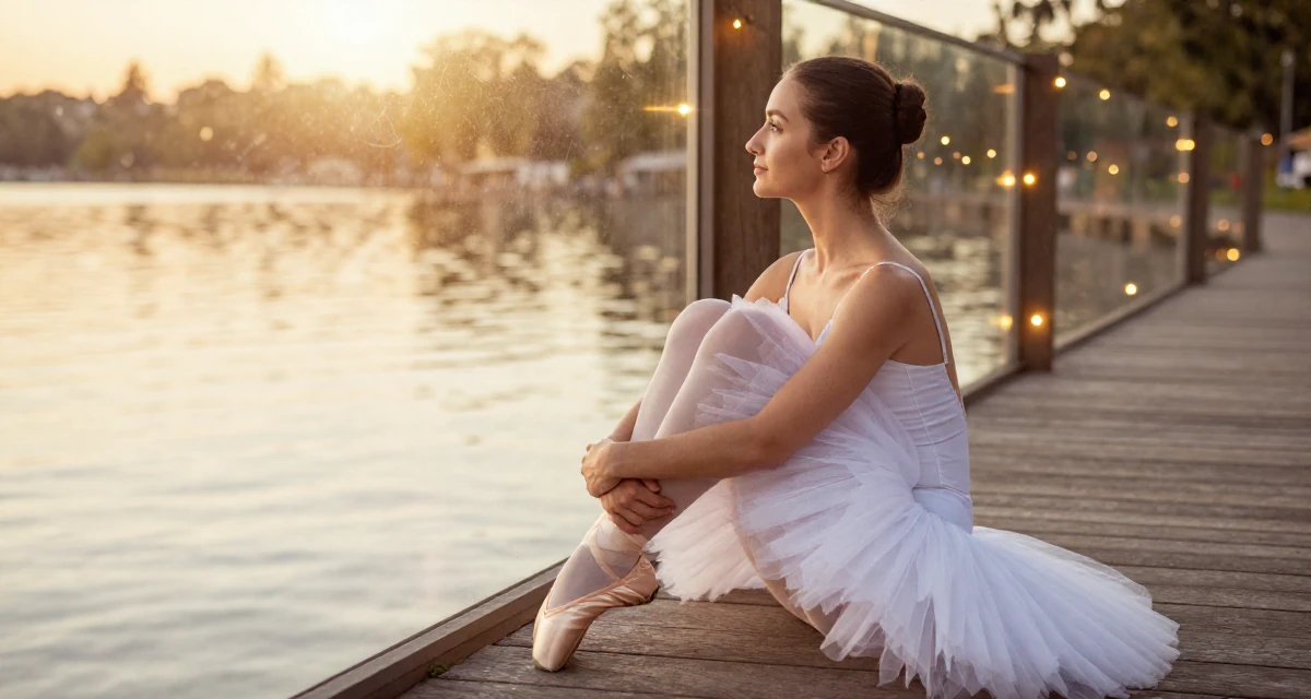A serene and peaceful Female From Chile, studied commercial design in their 44, handling high healthcare expenses, wearing a ballet tutu and satin pointe shoes, looking at a reflection in a window in a lakeside dock.