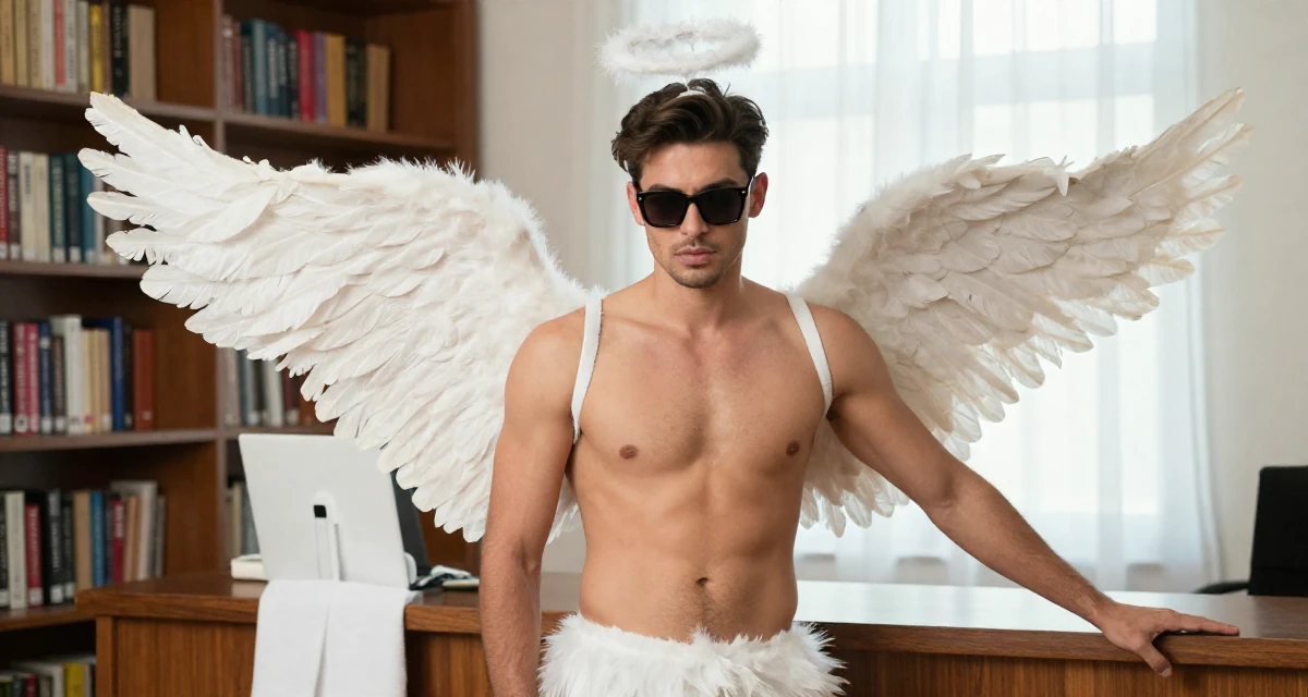 A intense male Former receptionist at a spa, now blending wellness with creator content in their 25, treating sensual content as art, not pressure, wearing a angel costume with large feathered wings and a halo, lowering sunglasses to look out in a quiet library corner.