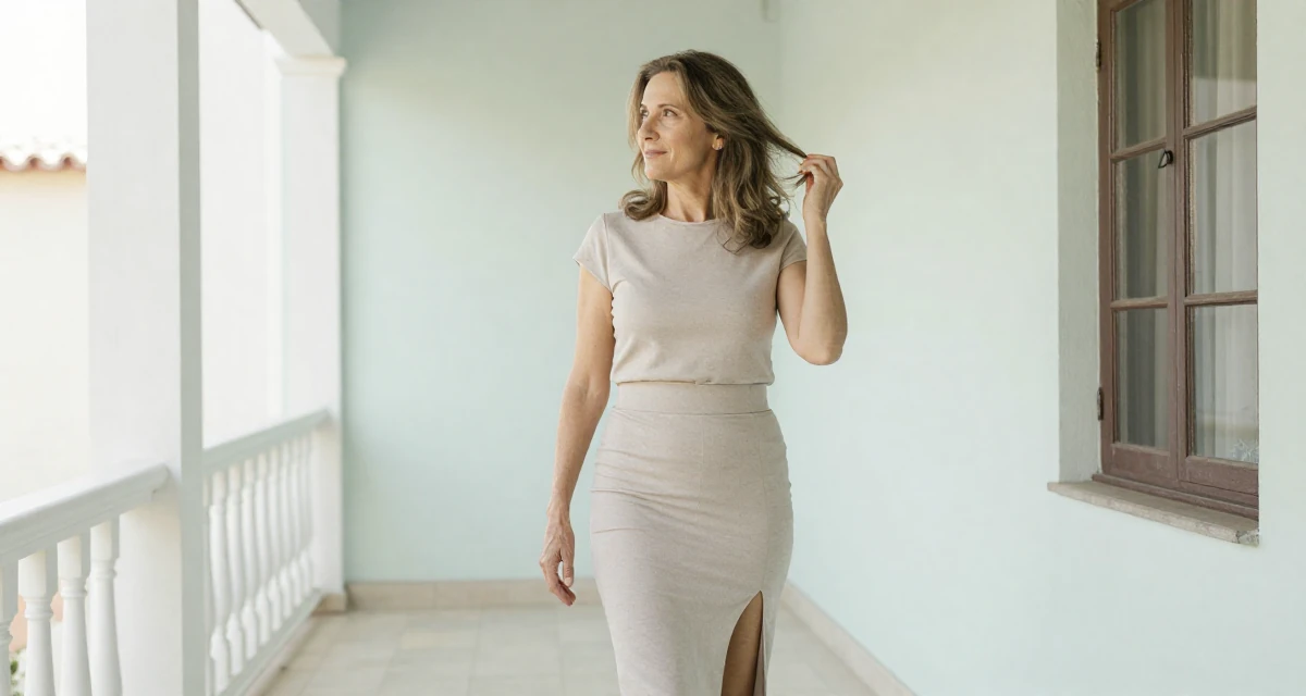 A gently amused Female From Barcelona Spain, majored in audiovisual production in their 40, supporting aging parents, wearing a long pencil skirt with a high side slit, fixing a loose strand of hair in a front porch.