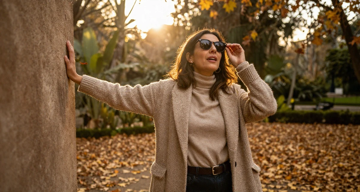 A eager Female From Córdoba Argentina, studied emotional storytelling in photography in their 46, advocate for work-life balance in leadership, wearing a warm winter layered look, putting on sunglasses in a botanical garden.