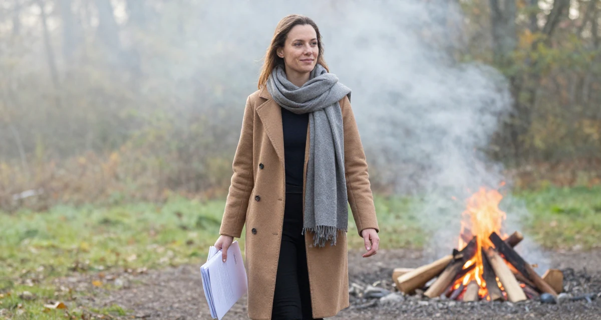 A content Female From Belgium, based in Antwerp, graduated from a fashion school majoring in intimate costume styling in their 29, solidifying professional reputation, wearing a layered autumn coat and scarf, carrying a stack of documents in a campfire circle.