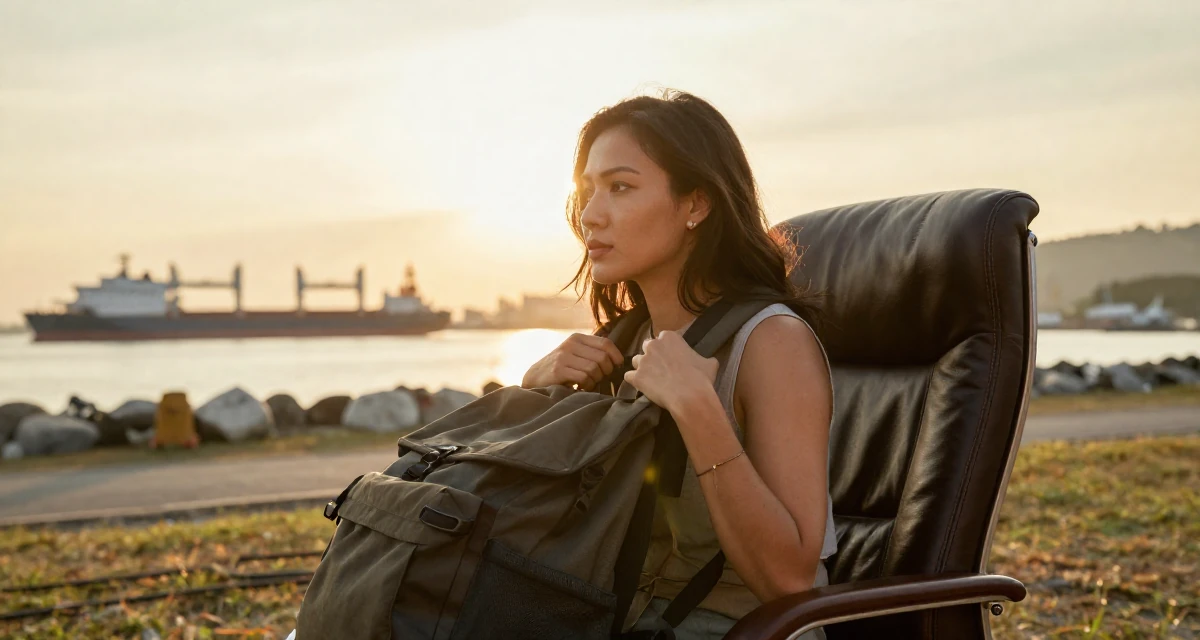 A enigmatic Female From Kuala Lumpur Malaysia, self-taught content creator specializing in color grading in their 42, finding peace in a slower intentional lifestyle, wearing a refined casual Friday look, adjusting a backpack strap in a camping site.