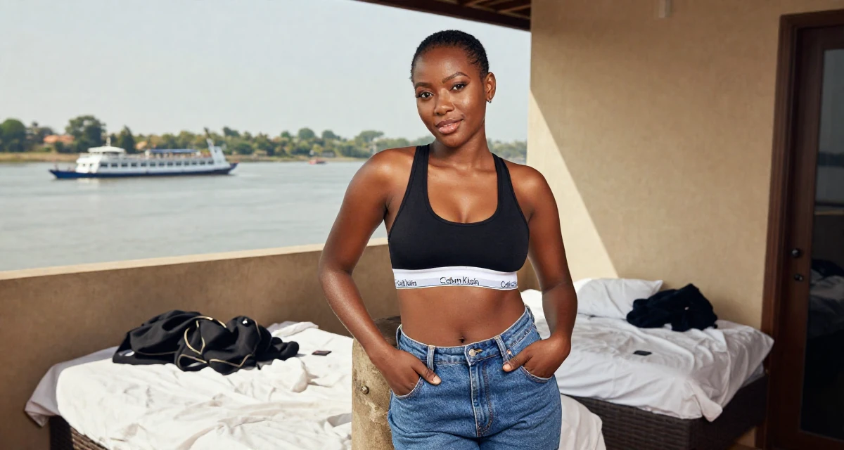 A warmhearted Female From Ghana, majored in banking and finance in their 24, building a flirty persona fans instantly recognize, wearing a classic calvin klein style sports bra and jeans, putting hands in pockets in a sunny patio.