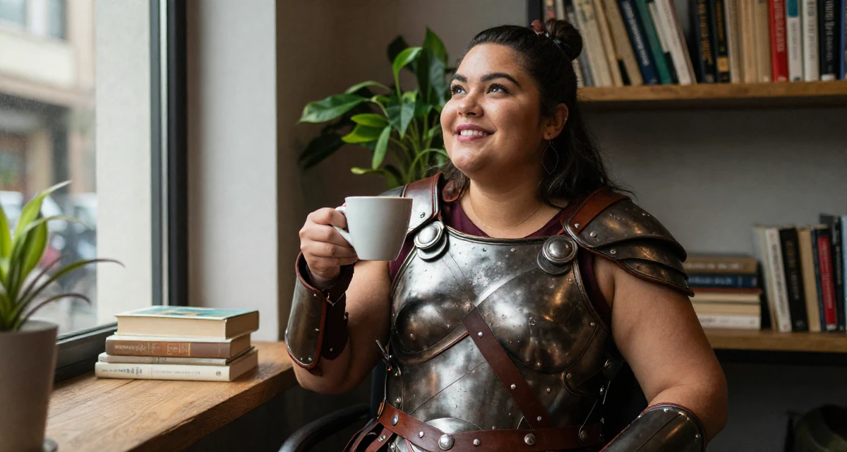 A positive Female Once a logistics coordinator, now creating body-positivity material in their 35, at the peak of creative energy and output, wearing a gladiator armor with leather straps and a metal breastplate, holding a cup of coffee in a cozy reading nook by a window.