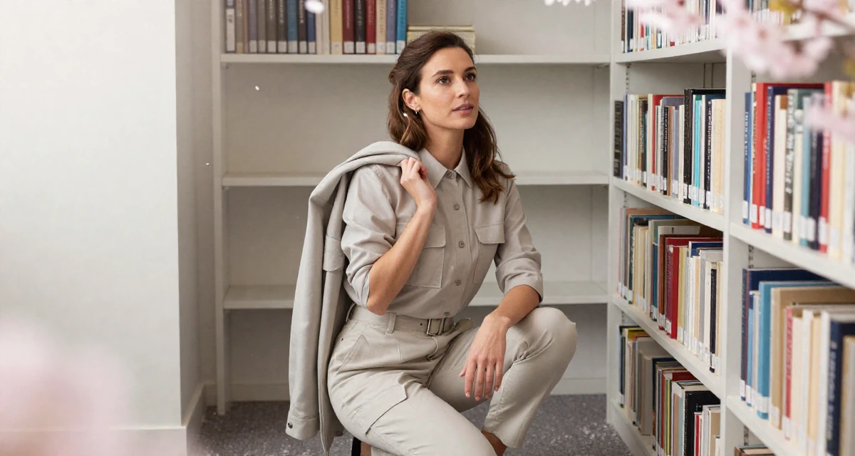 A elegant Female From France, studied fashion design in their 45, sharing wisdom on navigating office politics, wearing a modern utilitarian outfit, holding a jacket over a shoulder in a quiet library corner.