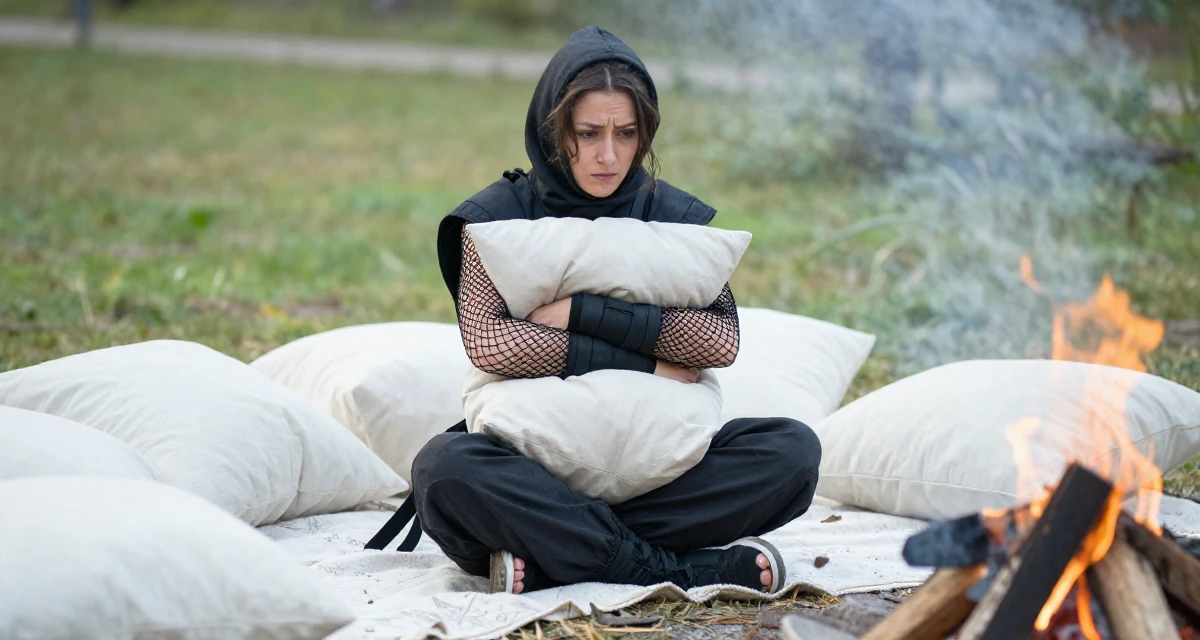 A worried Female From Berlin Germany, explored body art and alternative fashion scenes in their 22, sacrificing weekends for content planning, wearing a ninja kunoichi outfit with fishnet details, hugging a pillow or cushion in a campfire circle.