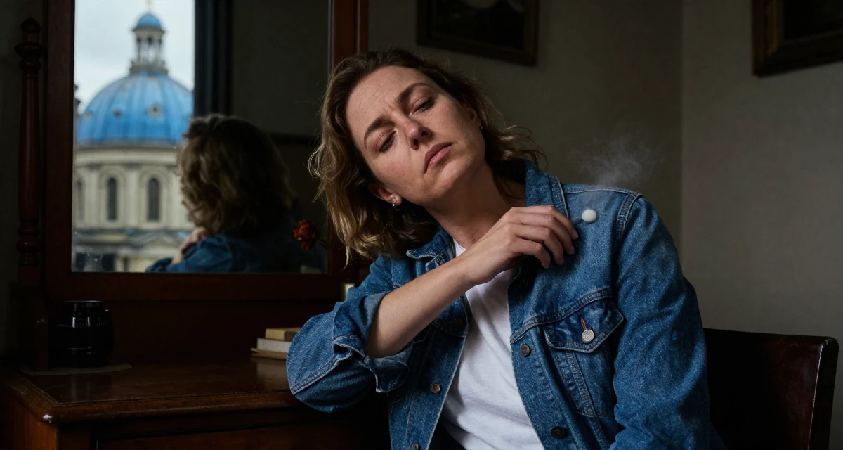 A resilient Female From UK, has a background in history and archaeology in their 25, adopting healthier routines for career growth, wearing a classic denim jacket and white tee, dusting off the shoulder in a vanity mirror.