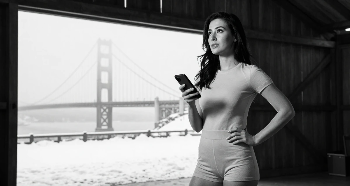 A dreamy Female From Macau, studied hospitality management in their 24, curating a specific high-end lifestyle, wearing a cotton jersey romper that fits tightly, checking a notification on a phone in a barn interior.