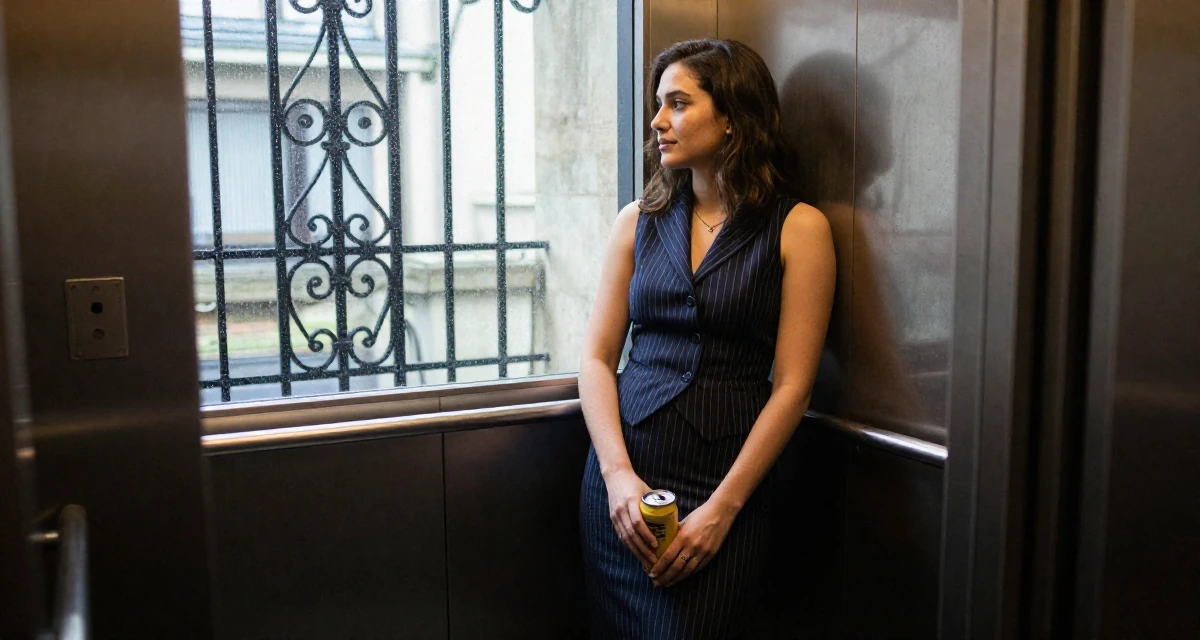 A sincere Female Once a sewing hobbyist, now designing outfits for her shoots in their 24, embracing weekends of solitude and rest, wearing a pinstripe pencil skirt and a matching vest top, holding a beverage can in a elevator hall.