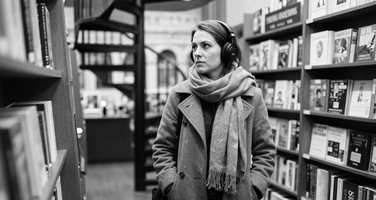 A alert and attentive Female From Austria, majored in music theory in their 20, experimenting with new social circles and hobbies, wearing a layered autumn coat and scarf, listening to music with headphones in a bookstore aisle.