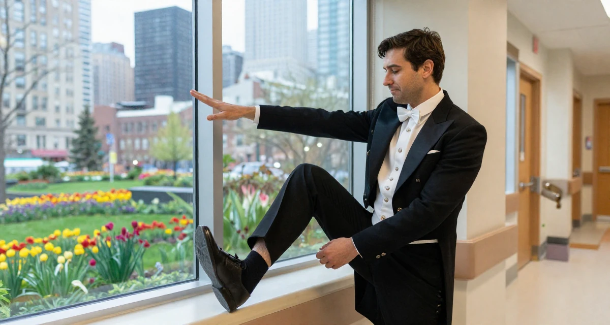 A relaxed male From Canada, majored in anthropology in their 26, cutting off toxic relationships and habits, wearing a circus ringmaster outfit with a tailcoat, stretching arms after waking in a hospital corridor.