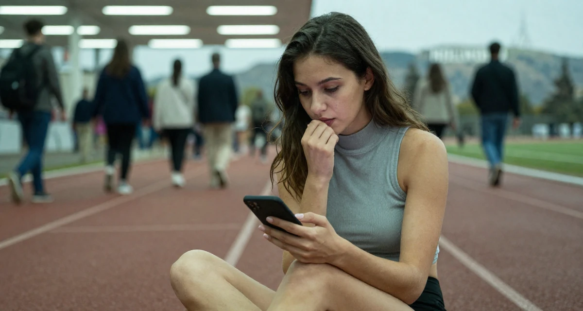 A reflective Female From Romania, based in Timișoara, graduated from a creative program majoring in evocative content production in their 22, biting a lip while checking a phone, wearing a high-neck sleeveless crop top showing toned arms, looking down at the ground shyly in a running track.