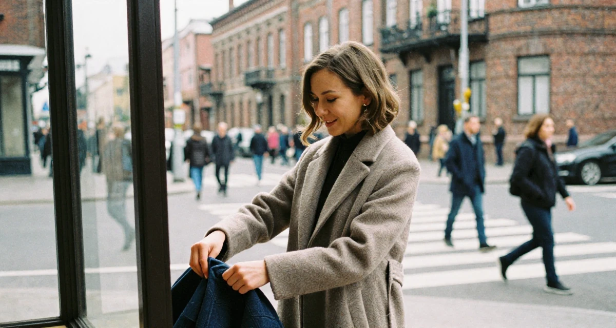 A victorious Female From Russia, studied digital media at a vocational school in their 36, sharing the ups and downs of entrepreneurship, wearing a elegant woolen coat styling, smoothing out clothes in a busy crosswalk.