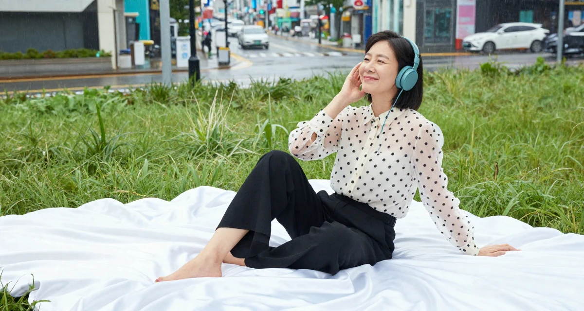 A smirking Female From Busan South Korea, majored in industrial design in their 40, inspiring others to chase dreams at any age, wearing a sheer polka dot blouse and black trousers, listening to music with headphones in a grassy field.