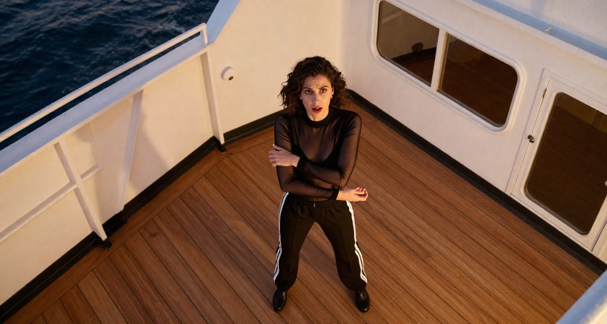 A stunned Female From United States, studied civil service management in their 28, cultivating a sophisticated taste in art, wearing a mesh paneled bodysuit and track pants, adjusting sleeves in a ferry deck.