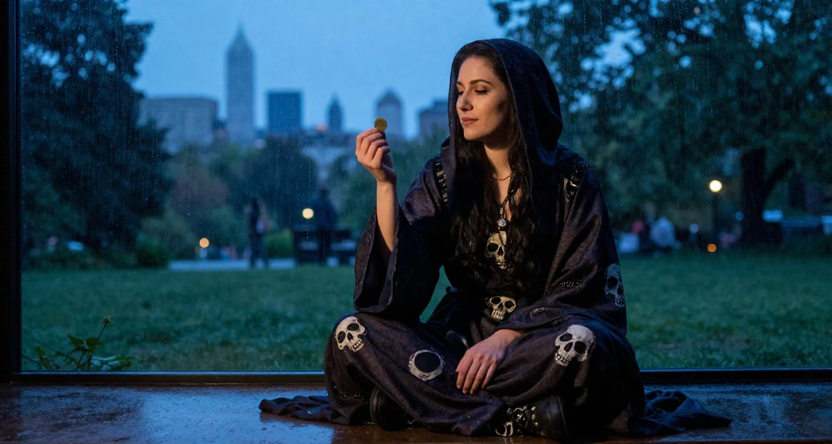 A peaceful Female From the United States, based in Seattle, graduated from a community college majoring in digital marketing in their 22, feeling powerful when fans appreciate confident vibes, wearing a dark fantasy necromancer robe with skull motifs, flipping a coin in a quiet park.